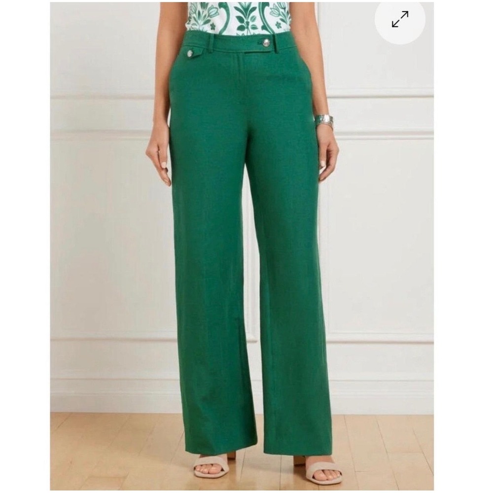 Talbots Greenwich Wide Leg Green Linen Pant Womens 14 Coastal Quiet Luxury Twee